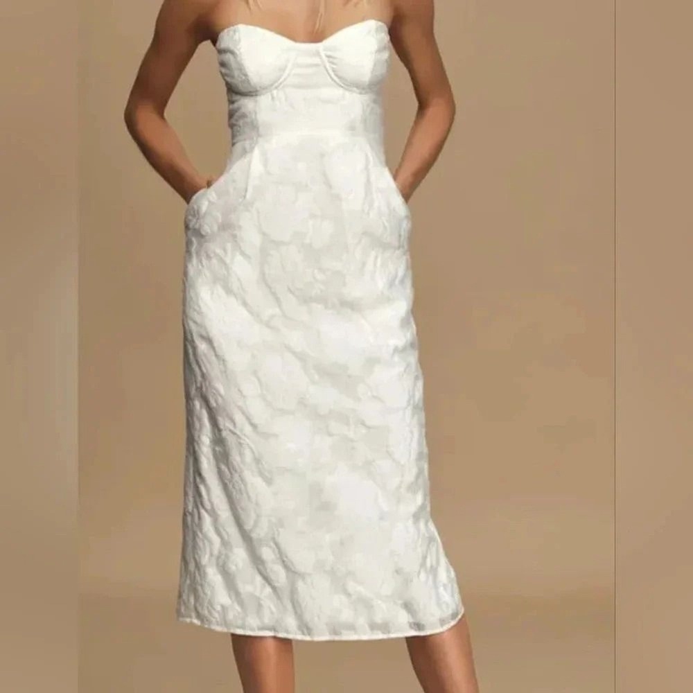 Lulus‎ White Strapless Bustier Jacquard Midi Dress Pockets Event Size Small NWT